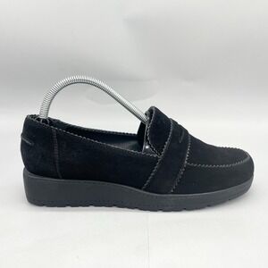 Stuart Weitzman Womens‎ 9.5W Schooldays Penny Loafer Black Suede Scallop Trim